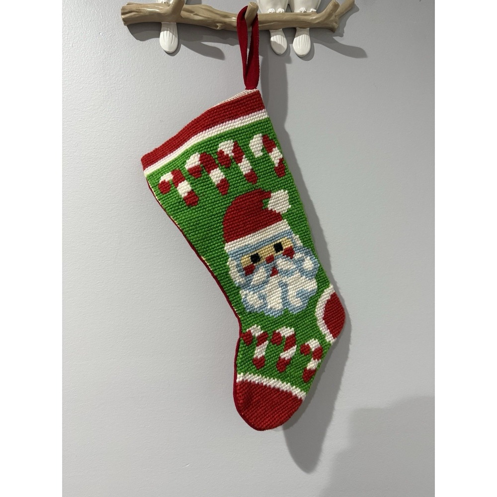 Vintage Handmade Needlepoint Santa Stocking Candy Canes GUC Q